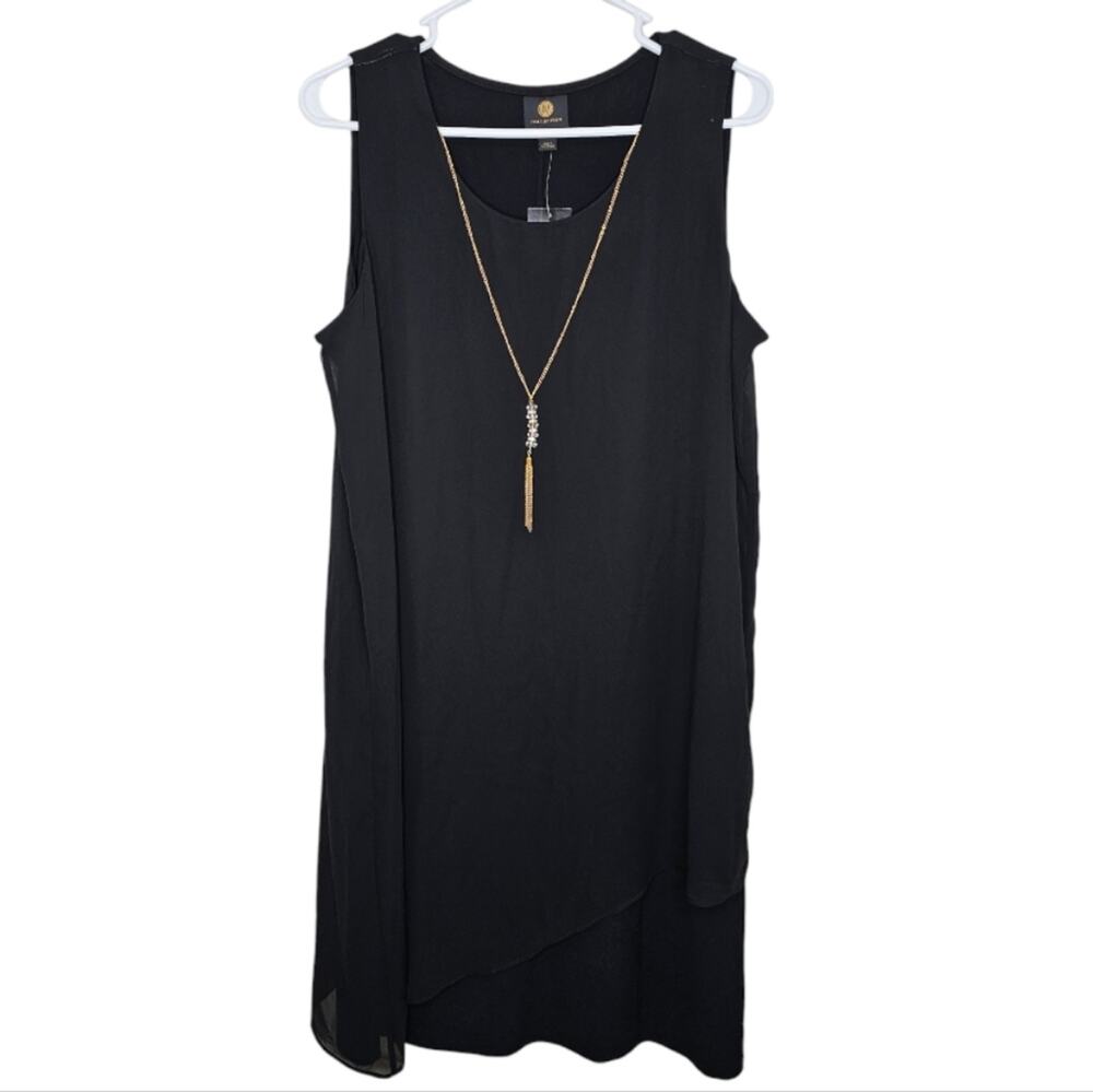 JM Collection Sleeveless Black Evening Dress with Sheer Overlay & Necklace M